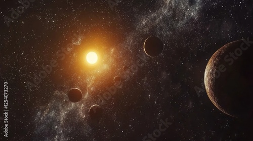 Solar system model illustrating the sun and its orbiting planets in deep space