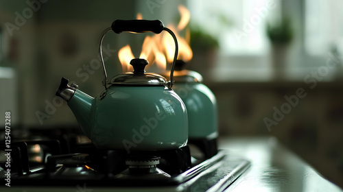 Whistling kettle boils on a gas stove while flames dance in the warmth of a cozy kitchen photo