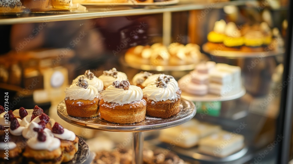 Fototapeta premium Bakery display case with fresh pastries and muffins