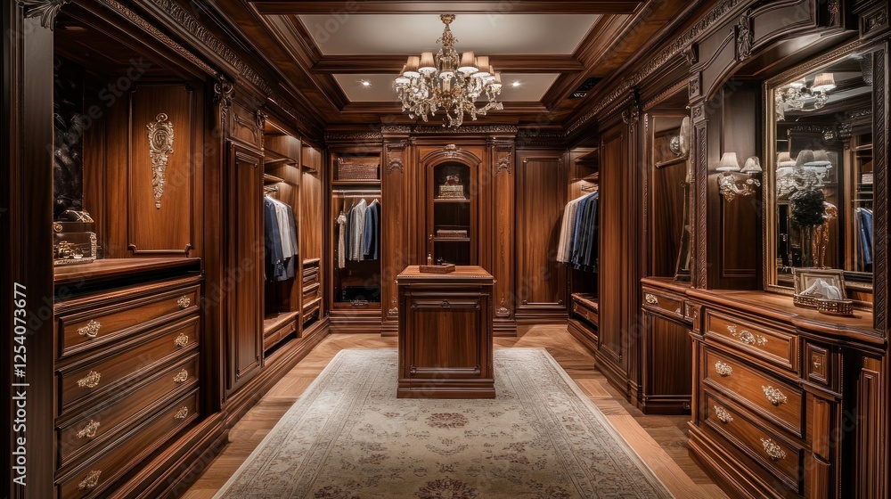 Opulent Wooden Walk-in Closet Design: Luxury Interior Opulent Wooden Walk-in Closet Design: Luxury Interior