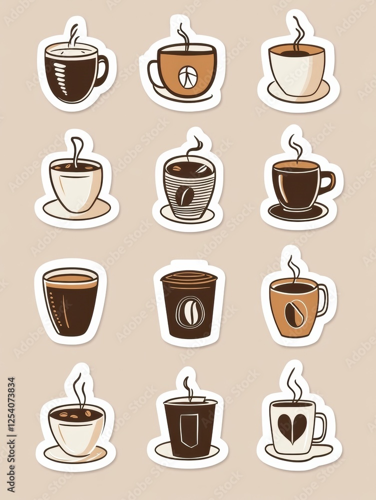 style stickers featuring a variety of coffee cups and beans suitable for coffee lovers and beverage enthusiasts. Generative AI style stickers featuring a variety of coffee cups and beans suitable for coffee lovers and beverage enthusiasts. Generative AI