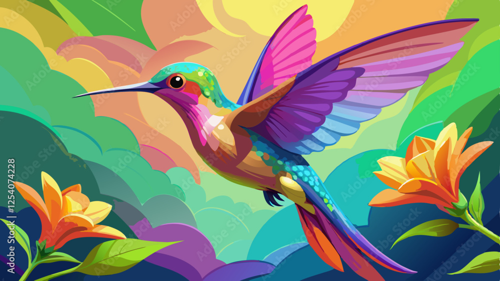 Obraz premium Vibrant colorful hummingbird, tropical flowers, rainbow feathers, iridescent wings, abstract background, digital art, vivid colors, dynamic pose, stylized nature, geometric shapes, fluid motion, fanta
