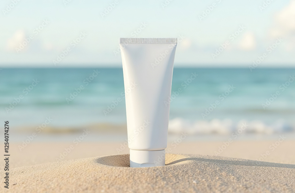 Mockup White Tube Bottle Cosmetic Jar on sand of beach. AI Generative Mockup White Tube Bottle Cosmetic Jar on sand of beach. AI Generative