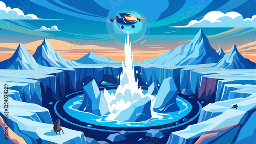 Futuristic spaceship launching, icy alien planet, dramatic glacier landscape