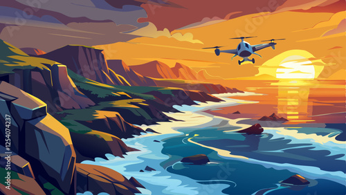 Scenic coastal landscape, dramatic sunset sky, vibrant orange and purple clouds, rugged cliffs, turbulent ocean waves, small airplane flying, stylized digital art, vivid colors, painterly style, dynam