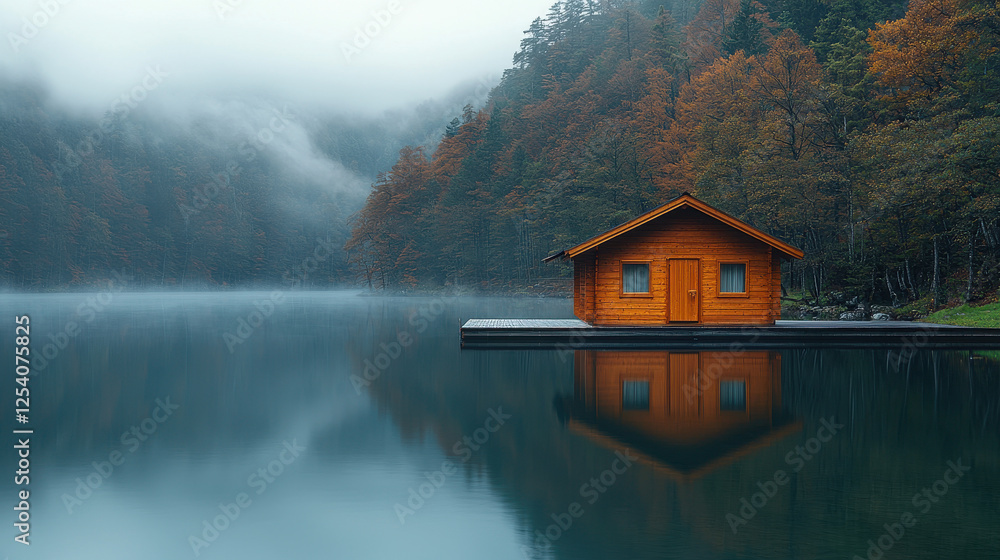 Obraz premium Wooden sauna by a tranquil lake invites relaxation in a misty Scandinavian morning surrounded by nature