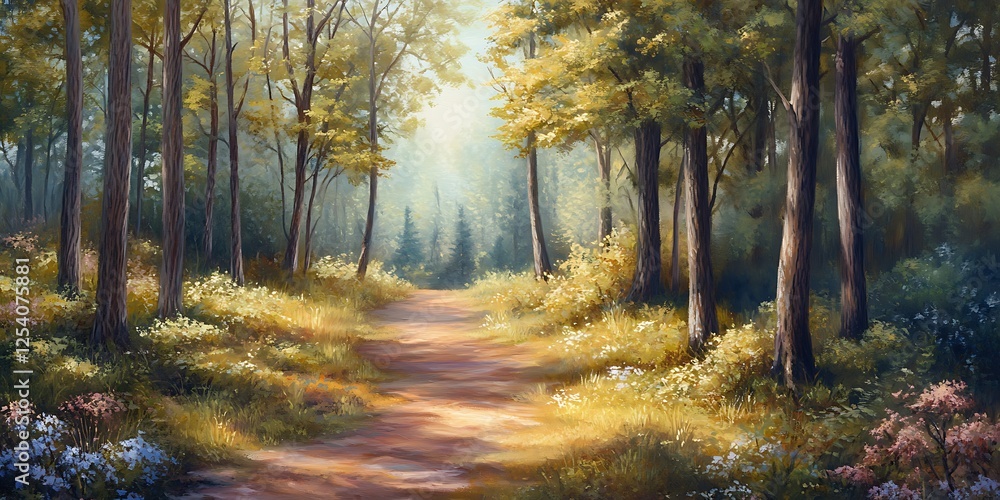 Fototapeta premium Scenic forest path with sunlight filtering through trees on Spring Equinox