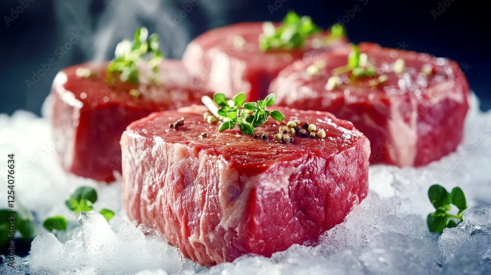 Fresh beef steaks displayed on ice showcasing juicy meat for culinary inspiration Fresh beef steaks displayed on ice showcasing juicy meat for culinary inspiration