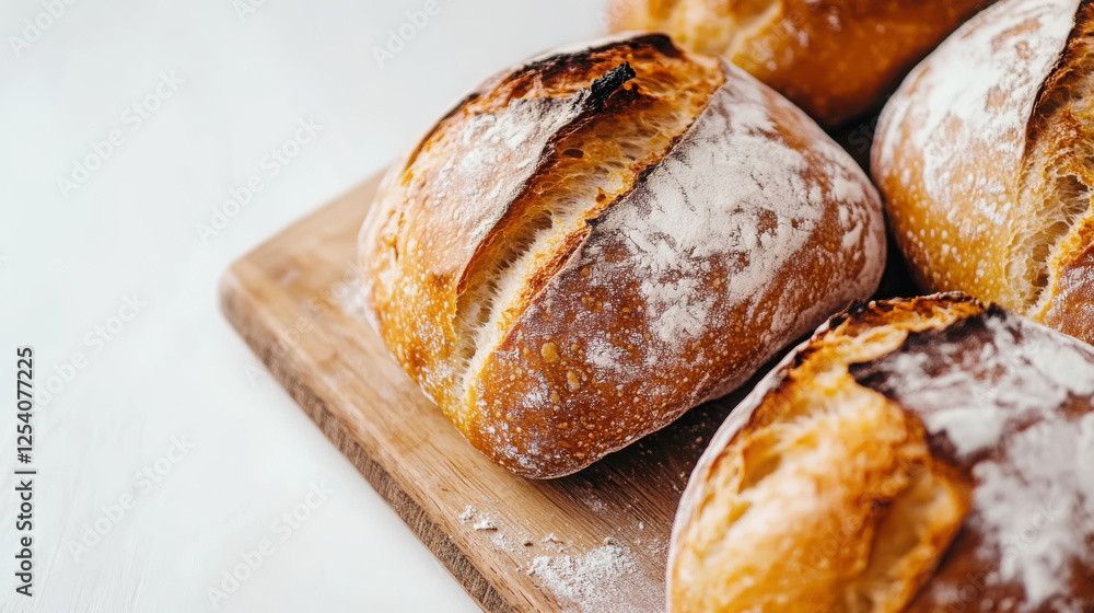 Close-up of freshly baked rustic bread on wooden board Close-up of freshly baked rustic bread on wooden board