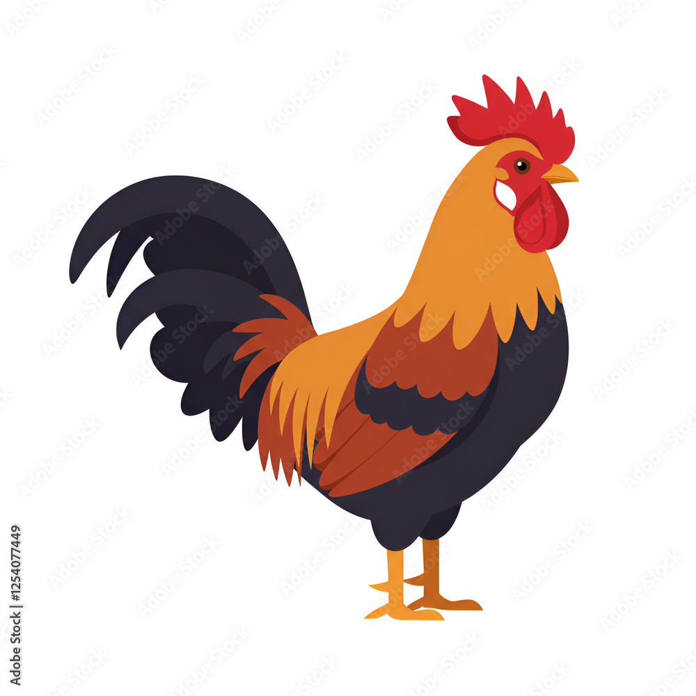 Fototapeta premium Rooster with Bright Red Comb and Simple Tail Feathers