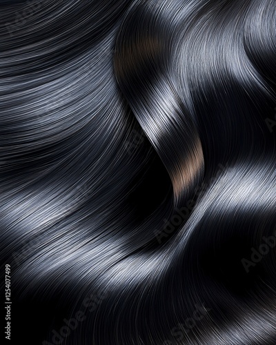 A striking close up of sleek black hair ultra smooth sleek black hair mirror shine sleek black hair luxury glow, smooth as silk reflecting deep ebony hues, perfect for high-end haircare campaigns.