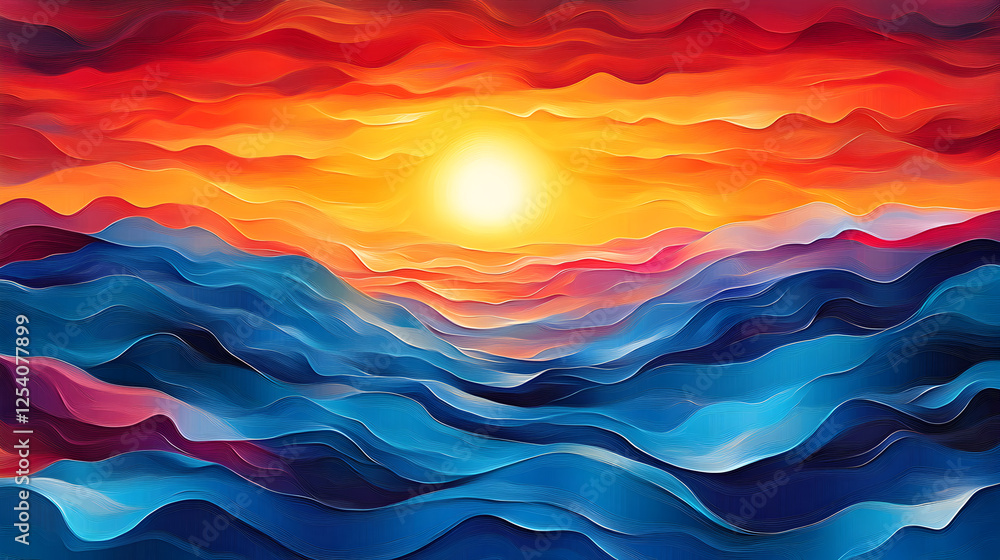 Fototapeta premium Vibrant Ocean Sunset Abstract Art: Bold Colorful Waves in Contemporary Coastal Scene
