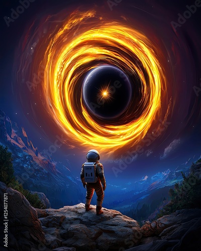 A lone astronaut standing on a rocky exoplanet, staring at a massive black hole consuming a nearby star, with streams of energy spiraling into its core