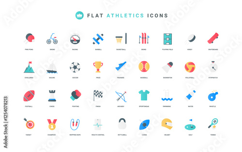 Fitness and sports game for active lifestyle, prize medal of champion, mobile app to check health color icon set. Healthy gym workout and equipment of athlete flat elements vector illustration