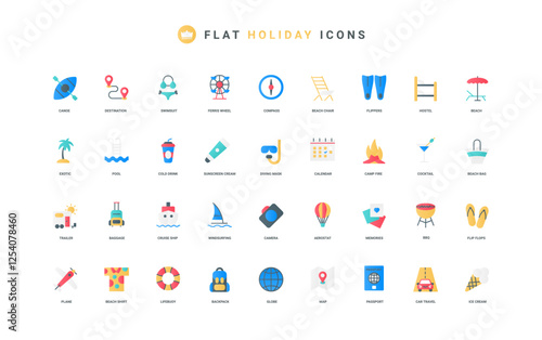 Travel vacation and summer holidays color icon set. Beach sunbed and lifebuoy, swimsuit and sunscreen, cocktail of pool or BBQ party, suitcase and passport flat simple elements vector illustration