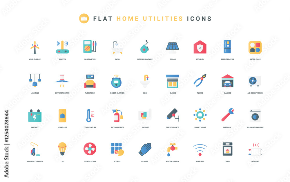 Equipment, furniture and services for comfort in house, garage color icon set. Mobile app to control smart home utilities, access to gadgets and energy, cleaning flat elements vector illustration