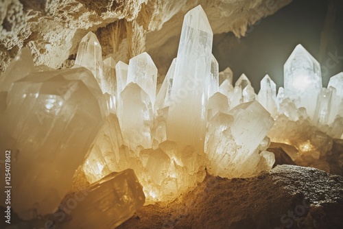 Luminous crystals emerge majestically from a cave, casting a magical glow and creating an atmosphere of mystery and natural wonder. photo