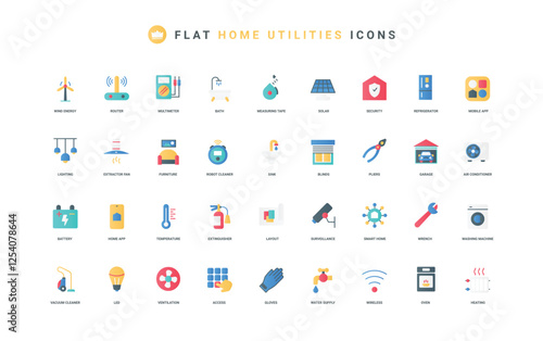 Equipment, furniture and services for comfort in house, garage color icon set. Mobile app to control smart home utilities, access to gadgets and energy, cleaning flat elements vector illustration