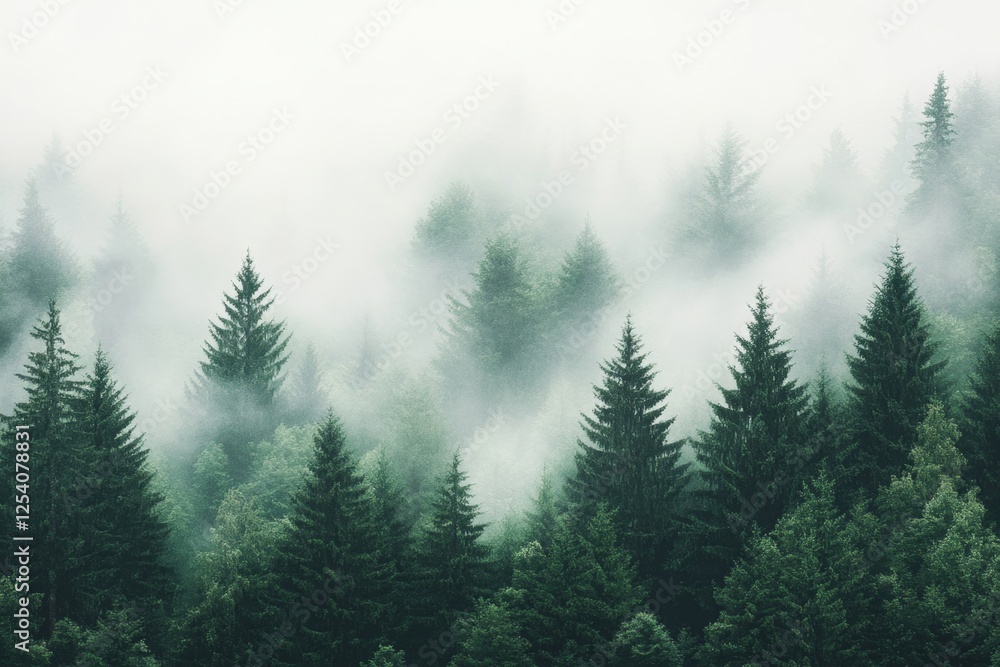 Misty mountain forest, aerial view, serene nature, postcard Misty mountain forest, aerial view, serene nature, postcard