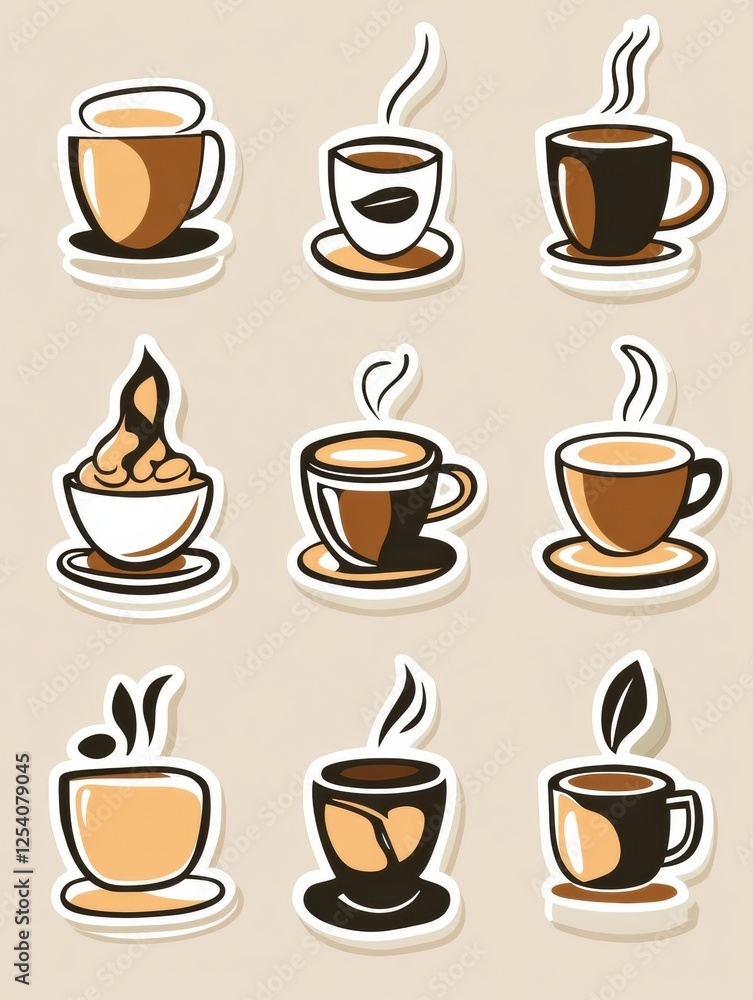 Obraz premium Discover delightful style stickers featuring various coffee cups and beans for coffee lovers and enthusiasts. Generative AI