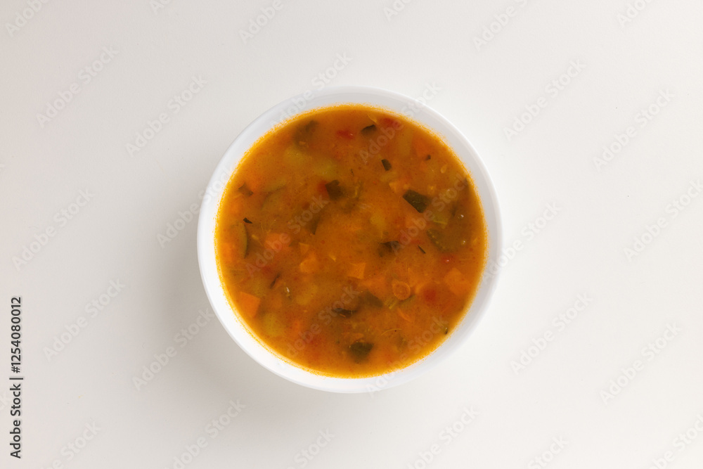 A top view of a round white bowl filled with summer vegetable minestrone, set against a white background. Simple, clean design, perfect for food styling, product mockups, or promotional use. A top view of a round white bowl filled with summer vegetable minestrone, set against a white background. Simple, clean design, perfect for food styling, product mockups, or promotional use.