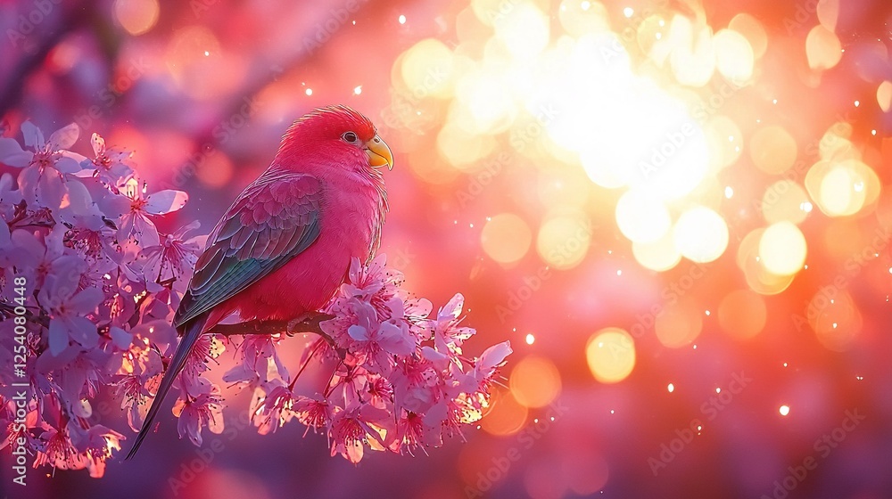 A pink bird perched atop a tree branch adorned with pink blossoms; the sun backdrop glowed brightly A pink bird perched atop a tree branch adorned with pink blossoms; the sun backdrop glowed brightly