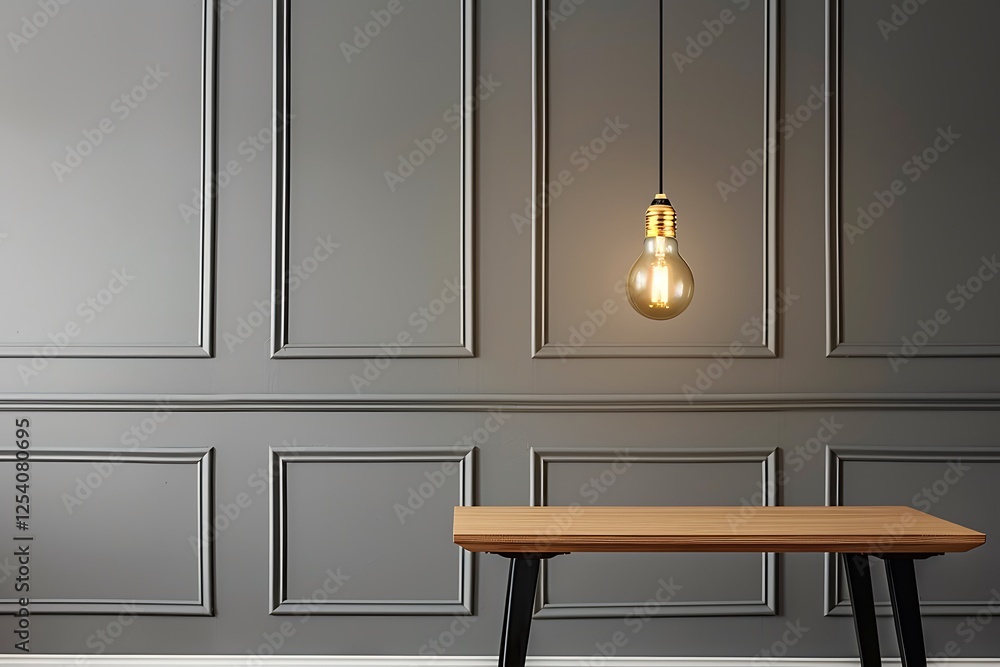 Fototapeta premium A golden hanging light bulb shines over an oak table with black legs, against a backdrop of sleek gray walls in a contemporary living space.