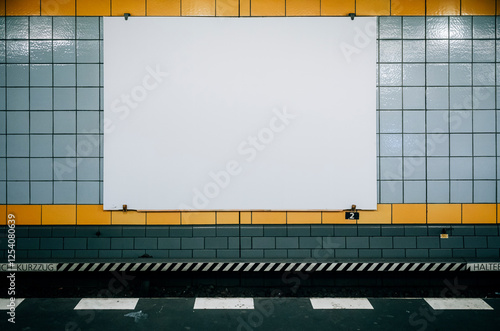Blank billboard / Blank Subway Poster Mockup on Tiled Wall – Berlin Metro /  in a subway station with blue and yellow tiled walls