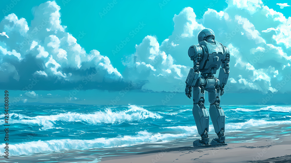 A robot standing on a beach next to the ocean. Mechanical Ocean Waves. Illustration A robot standing on a beach next to the ocean. Mechanical Ocean Waves. Illustration