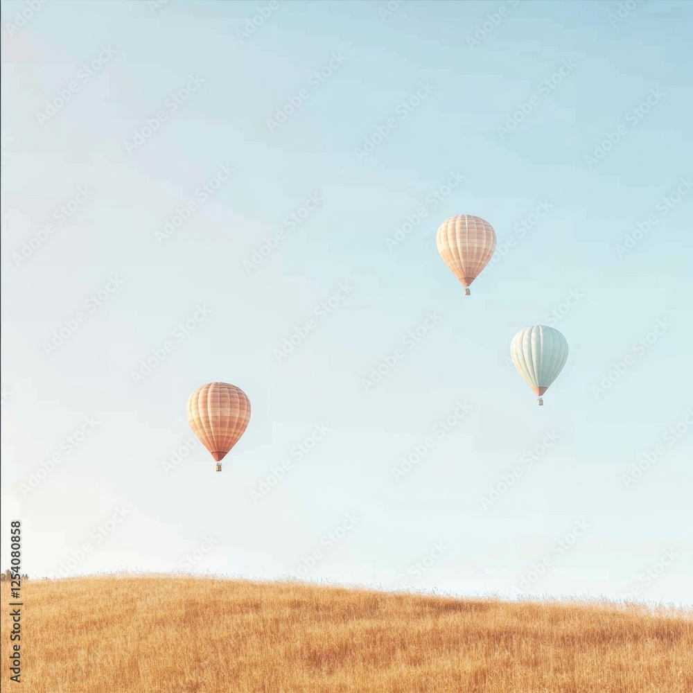 Obraz premium Hot air balloons gracefully float above a sprawling field during a clear blue sky. Generative AI