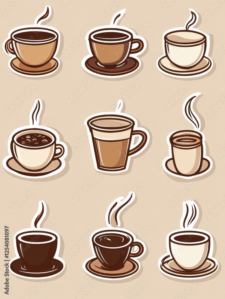 Obraz premium Colorful stickers featuring various coffee cups and beans in a playful design for beverage lovers. Generative AI