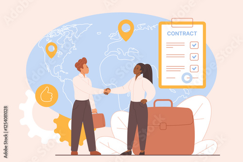 Employment contract with foreign, international company, work visa and brain drain. Handshake agreement of tiny employee and employer by big world map and contract cartoon vector illustration