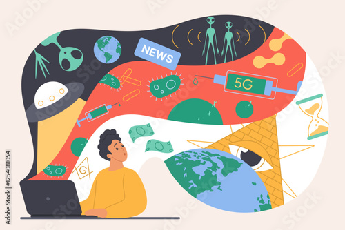 Fake news, online conspiracy theory and impact of disinformation. Tiny man and false facts flow from computer screen, delusion about vaccine and virus, aliens, 5G danger cartoon vector illustration