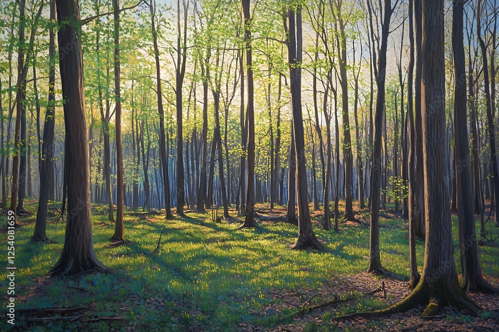 Obraz premium Forest clearing with sunlight and new green leaves for Equinox