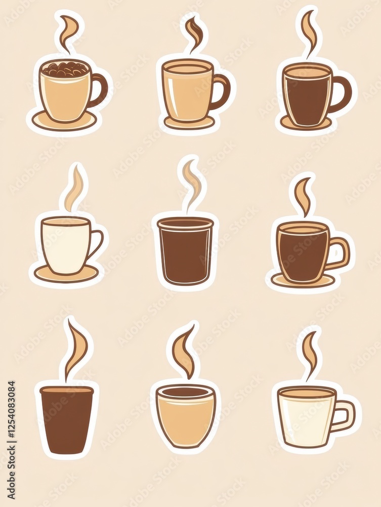 Obraz premium Delightful style stickers showcasing various coffee cups and beans with warm steam accents. Generative AI