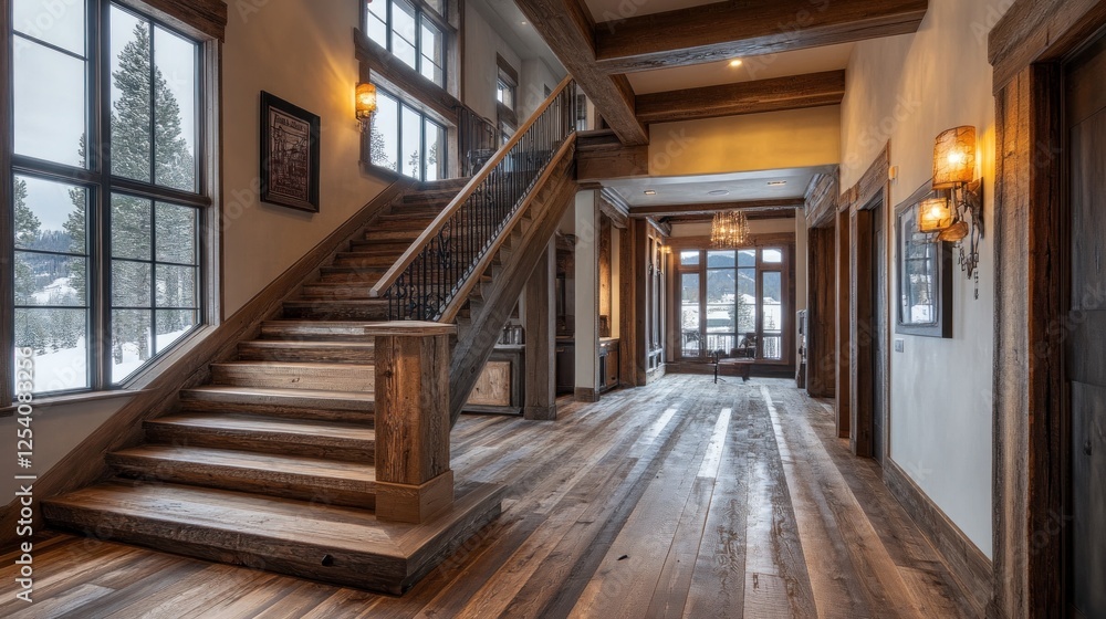 Obraz premium Rustic Mountain Home Interior: Grand Staircase and Hallway