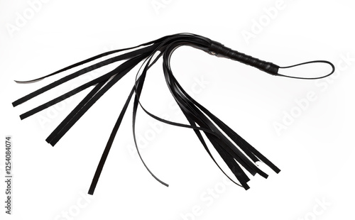 Black whip isolated on white, top view photo