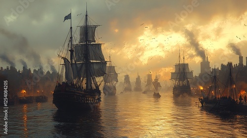 Wallpaper Mural Colonial ships bringing back resources like tobacco sugar cotton from the Americas to European shores overseen by eager merchants at the docks Torontodigital.ca