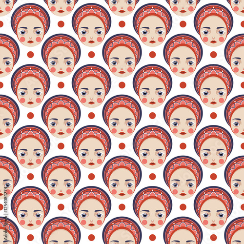 Beautiful Doll Face Close Up pattern. Matryoshka Doll with Open Eyes and white lashes. Pretty Eyes, Lush Eyelashes and Red lips. Female face. Color Cartoon style. Vector.
