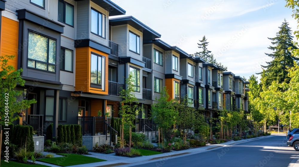 An eco-friendly row of contemporary townhouses in a residential neighborhood with two-story residences and green outside areas An eco-friendly row of contemporary townhouses in a residential neighborhood with two-story residences and green outside areas
