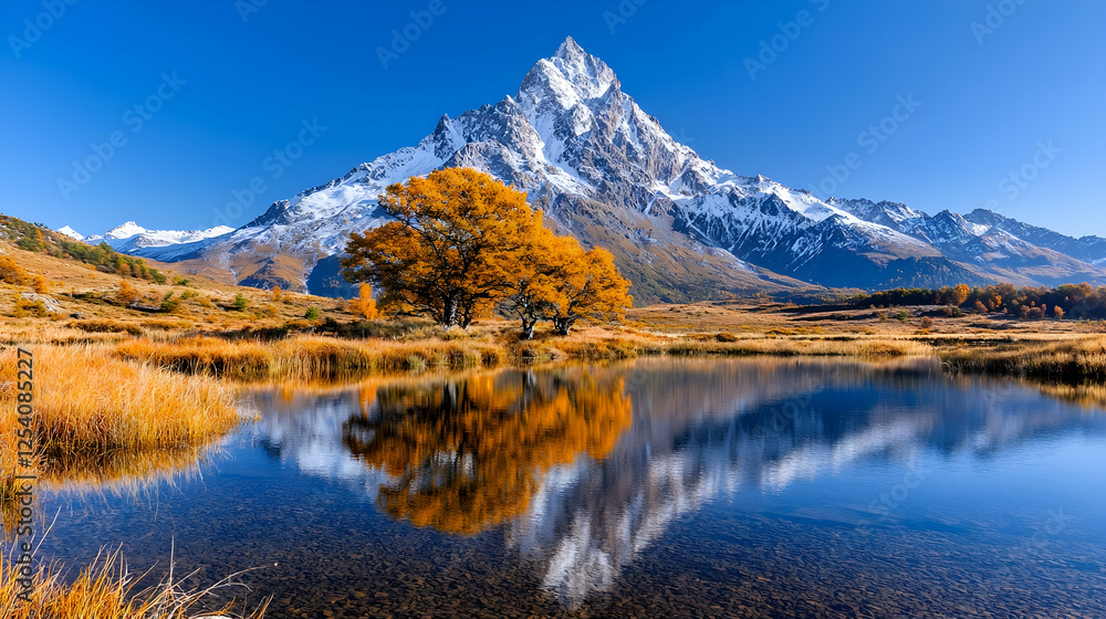 Obraz premium Autumnal mountain lake reflection, scenic vista, peaceful landscape, travel photography
