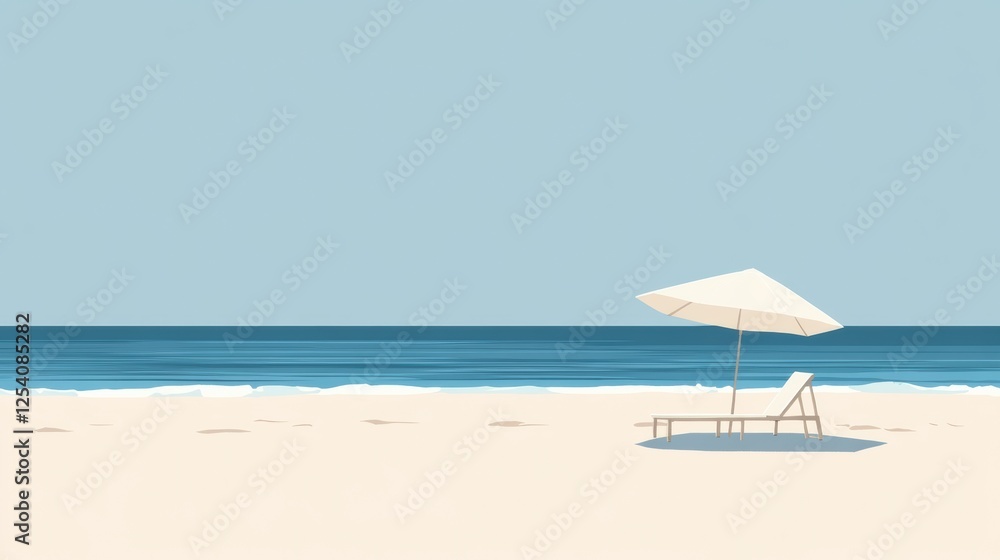 Relaxing beach getaway with a lounge chair and shade under a clear sky by calm ocean waves. Generative AI Relaxing beach getaway with a lounge chair and shade under a clear sky by calm ocean waves. Generative AI