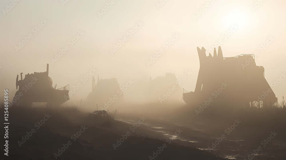 Obraz premium Echoes of war: a cinematic scene of a desolate battlefield with ancient war machines in foggy light. Ancient War Machines. Illustration