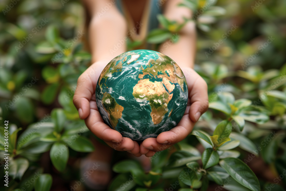 A person is holding a globe in their hands while standing in a field of flowers. Concept of wonder and appreciation for the beauty of the natural world A person is holding a globe in their hands while standing in a field of flowers. Concept of wonder and appreciation for the beauty of the natural world