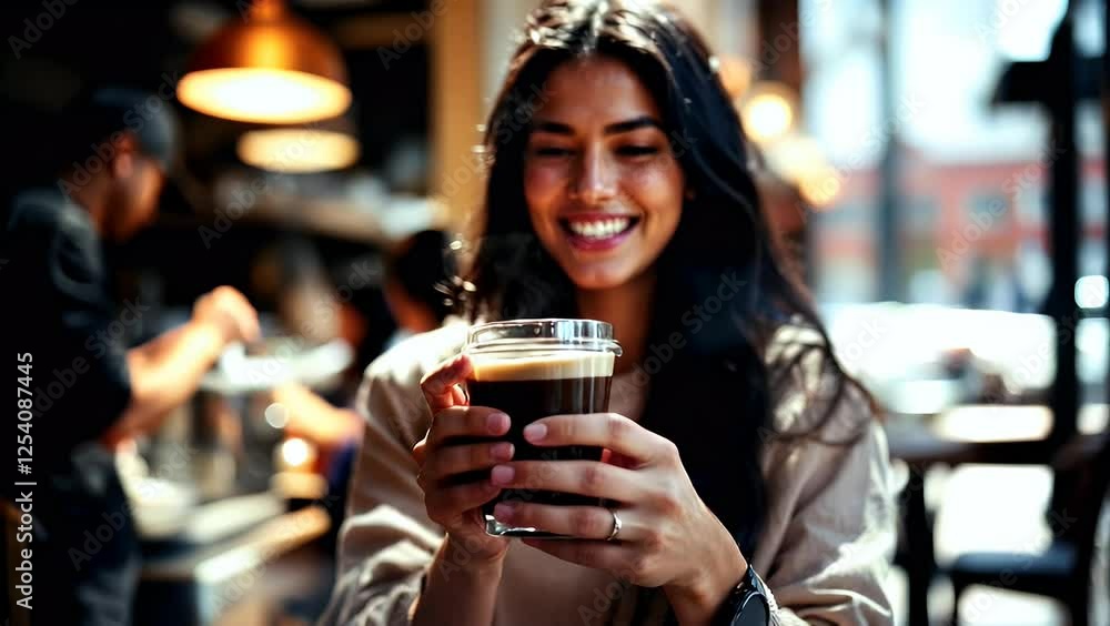 Smiling Woman Enjoying Coffee at a Cozy Cafe Smiling Woman Enjoying Coffee at a Cozy Cafe