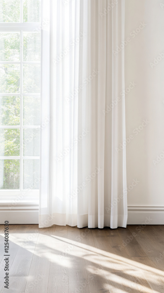 Fototapeta premium Elegant minimalist interior with white curtains and wooden floor design