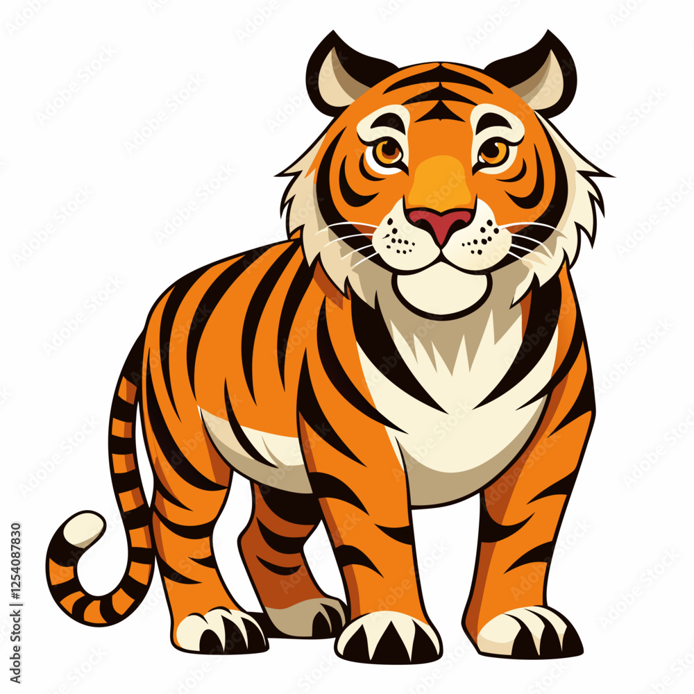 Obraz premium Tiger isolated on white, Color vector illustration. Wild animal, Cartoon Vector