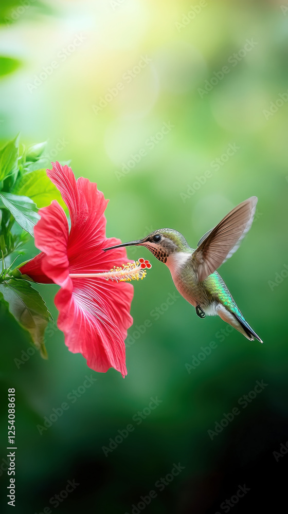 Fototapeta premium Elegant hummingbird feeding on red hibiscus in a vibrant garden setting
