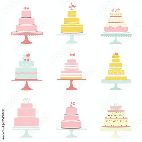 A set of four colorful illustrations featuring a variety of contemporary wedding cake designs photo