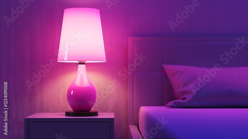Minimalist home interior design featuring a 3D-rendered pink table lamp on a nightstand with a purple background, illuminated by bright daylight studio lighting.